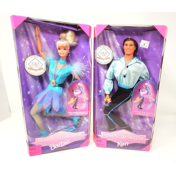 New Vintage Set NRFB 1997 Olympic USA Skaters Ken & Barbie Mattel #18501 #18502